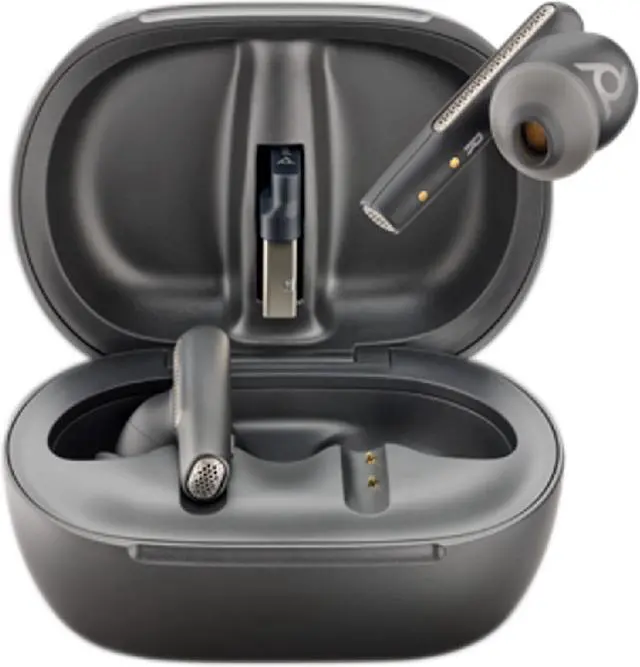 Main image of Poly Voyager Free 60+ UC Wireless Earset - USB-A Dongle - True Wireless - Bluetooth - 98.4 ft - 20 Hz - 20 kHz - Earbud - Binaural - In-ear - Noise Canceling - Carbon Black  216065-01