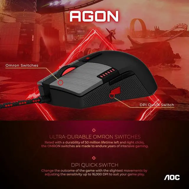 Alt view image 5 of 9 - AOC Agon AGM700 Gaming Mouse - 16,000 DPI - Omron Switches - RGB Effects - Adjustable DPI - Adjustable Weight