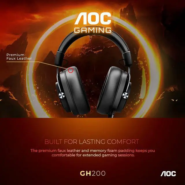 Alt view image 7 of 11 - AOC Gaming GH200 Wired Gaming Headset with 2.0 Stereo Sound, Built-in Detachable Microphone, Premium Protein Leather, Integrated Control Panel and 3.5 mm Cable Connection