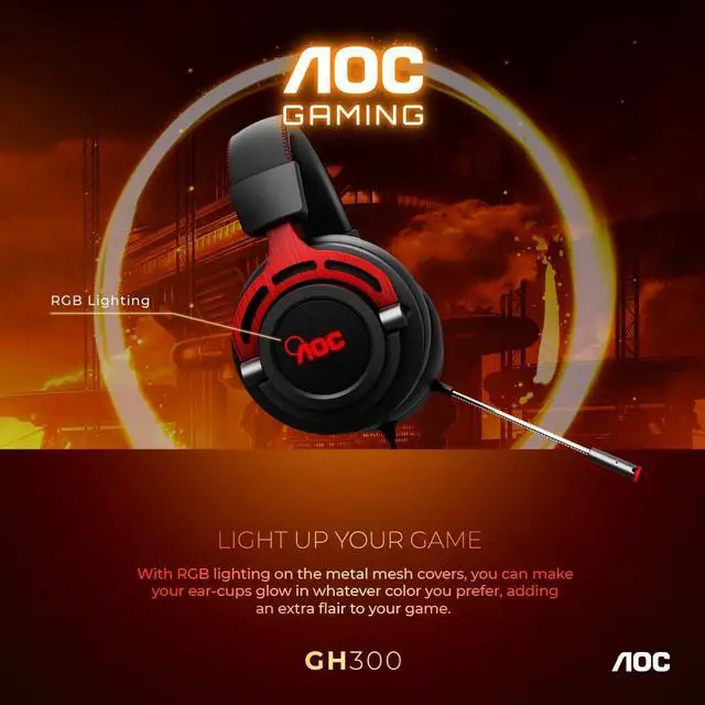 Alt view image 8 of 8 - AOC GH300 USB Gaming Headset with RGB-LED Gaming Headset with Detachable Microphone, 50mm Drivers and 7.1 Virtual Surround Stereo with Hi-Fi Audio