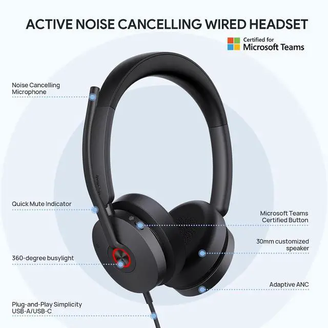 Alt view image 7 of 7 - Yealink UH48 ANC Wired Headset with Microphone, Active Noise Cancelling USB Headphones for PC, MS Teams Certified Works with All Other Call Platforms, All Day Comfort, Mute Button