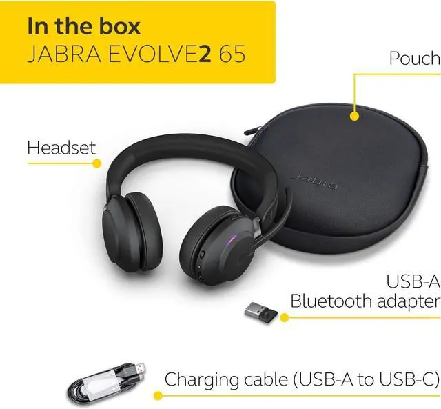 Alt view image 2 of 9 - Jabra Evolve2 65 Bluetooth Wireless Headset with Mic for Calls and Music, Dual-Ear Headphones with USB-A Adapter, Up to 37 Hours Battery, Noise-Cancelling, Works with Microsoft Teams, Black (189)