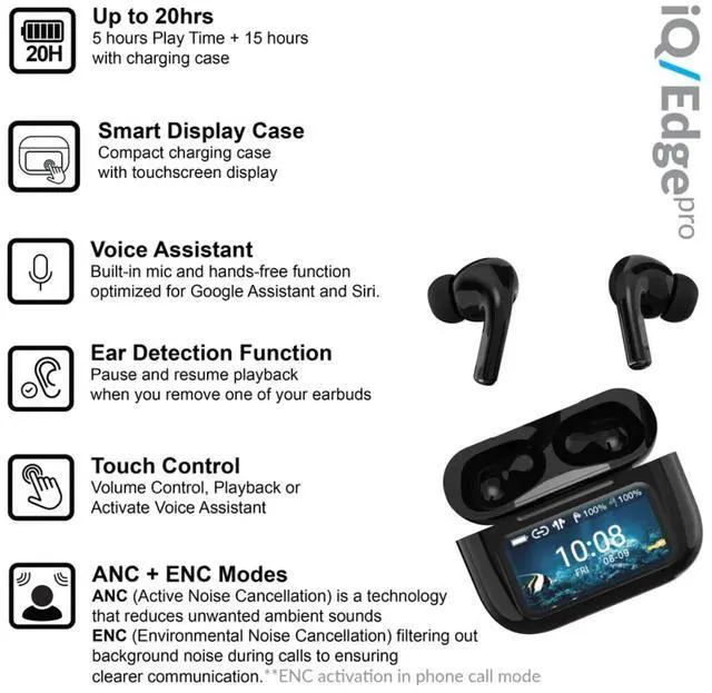 Alt view image 2 of 5 - Supersonic IQ Sound IQ-341 ANC & ENC Bluetooth Earphone with Touchscreen Display Charging Case, True Wireless Earbuds, Stereo Sound, Dual Mic, Voice Assistant, In-Ear Detection, USB-C Charging (Black)