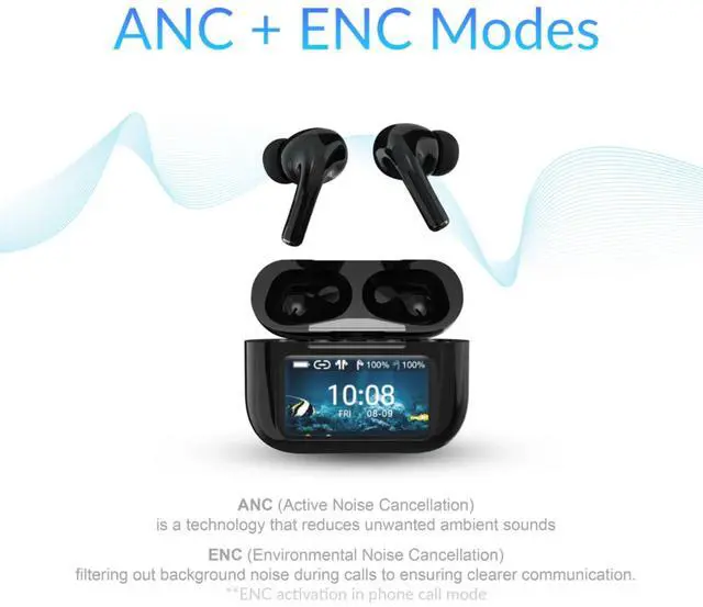 Alt view image 5 of 5 - Supersonic IQ Sound IQ-341 ANC & ENC Bluetooth Earphone with Touchscreen Display Charging Case, True Wireless Earbuds, Stereo Sound, Dual Mic, Voice Assistant, In-Ear Detection, USB-C Charging (Black)