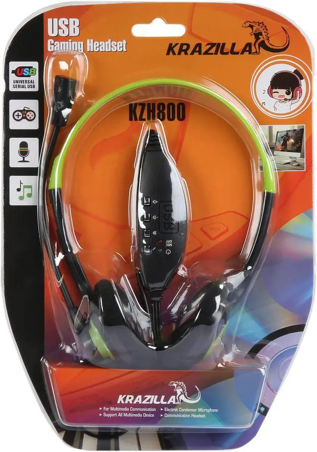 Alt view image 7 of 7 - Krazilla KZH800 USB Gaming Headset with Microphone and Volume Control / Mute - Green (Grade A, new open box)