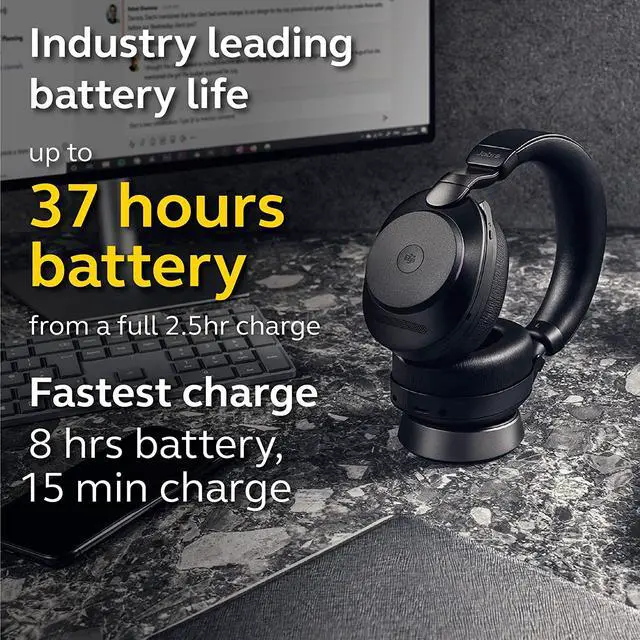 Alt view image 5 of 8 - Jabra Evolve2 85 UC Wireless Headphones with Link380c & Charging Stand, Stereo, Black – Wireless Bluetooth Headset for Calls and Music, 37 Hours of Battery Life, Advanced Noise Cancelling Headphones