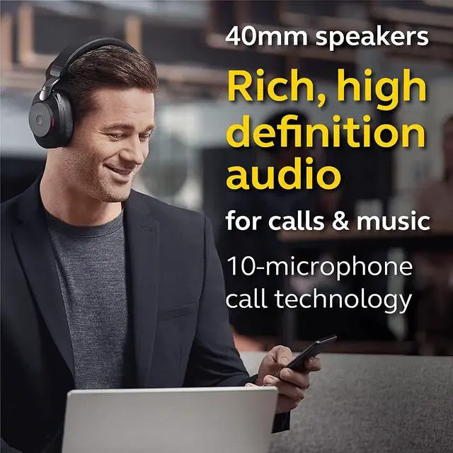 Alt view image 4 of 8 - Jabra Evolve2 85 UC Wireless Headphones with Link380c & Charging Stand, Stereo, Black – Wireless Bluetooth Headset for Calls and Music, 37 Hours of Battery Life, Advanced Noise Cancelling Headphones