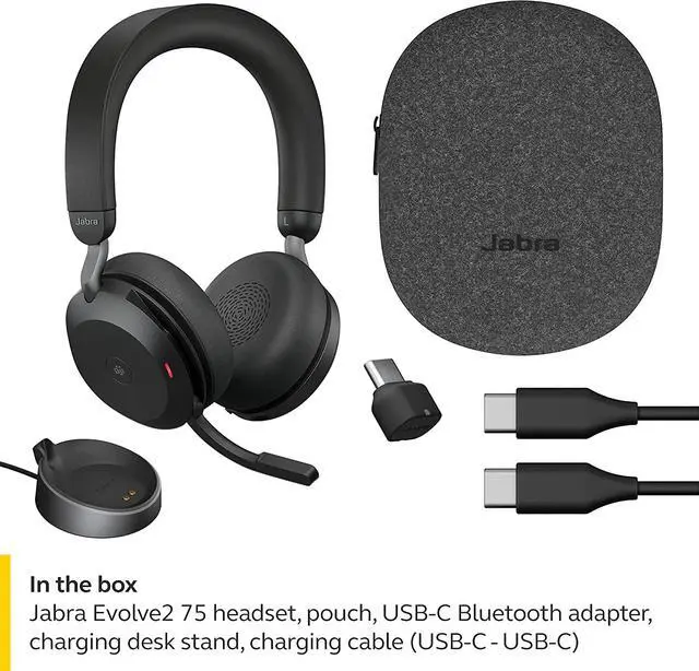 Alt view image 9 of 9 - Jabra Evolve2 75 PC Wireless Headset with Charging Stand and 8-Mic Technology - Dual Foam Stereo Headphones with Advanced Active Noise Cancelling, USB-C Bluetooth Adapter and MS Compatibility - Black