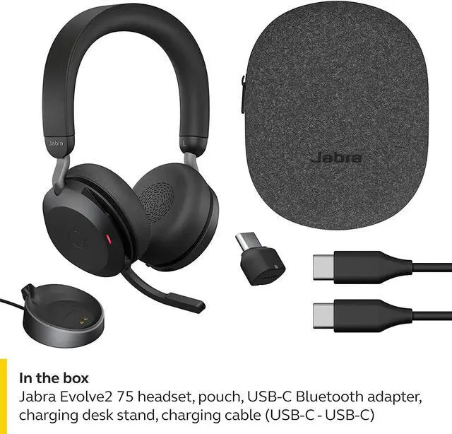 Alt view image 9 of 9 - Jabra Evolve2 75 PC Wireless Headset with Charging Stand and 8-Mic Technology - Dual Foam Stereo Headphones with Advanced Active Noise Cancelling, USB-C Bluetooth Adapter and UC Compatibility - Black