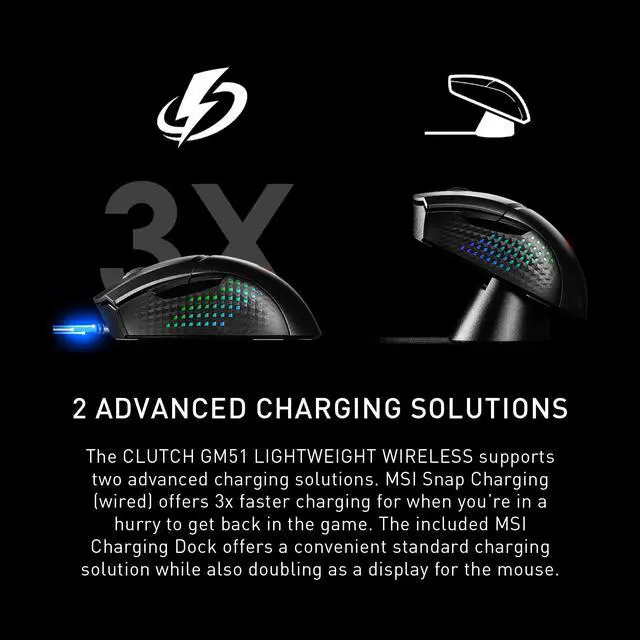 Alt view image 7 of 20 - MSI Clutch GM51 Lightweight Wireless Gaming Mouse & Charging Dock, 26K DPI Optical Sensor, 2.4G & Bluetooth, 60M Omron Switches, Fast-Charging, 150Hr Battery, RGB, 5 Programmable Buttons, PC/Mac