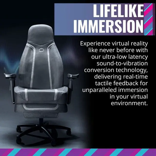 Alt view image 2 of 14 - Cooler Master Synk X Lunar Gray Ergonomic Real-Time Tactile Immersion Chair, Retractable Leg Rest, All-in-one Controller, Breathable Fabric, Stable Rolling Base, Solid Structure (IXC-SX1-I-US1)