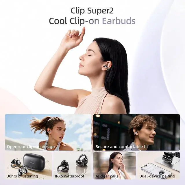 Alt view image 3 of 10 - NANK Clip Super2, Clip On Earbuds Open Ear, Bluetooth 6.0, 30H Playtime, Clip-on Headphones, Dual Device Connection, Touch Control, Type-C Charging, Secure Comfort for Running, Workout & Daily Use