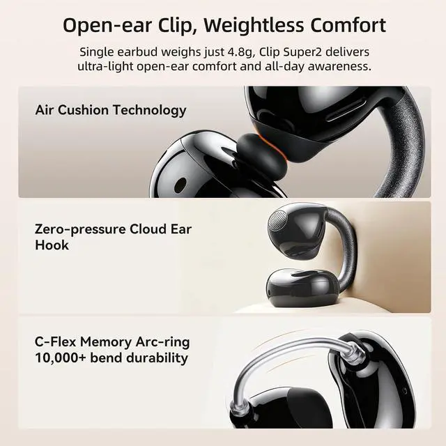Alt view image 6 of 10 - NANK Clip Super2, Clip On Earbuds Open Ear, Bluetooth 6.0, 30H Playtime, Clip-on Headphones, Dual Device Connection, Touch Control, Type-C Charging, Secure Comfort for Running, Workout & Daily Use