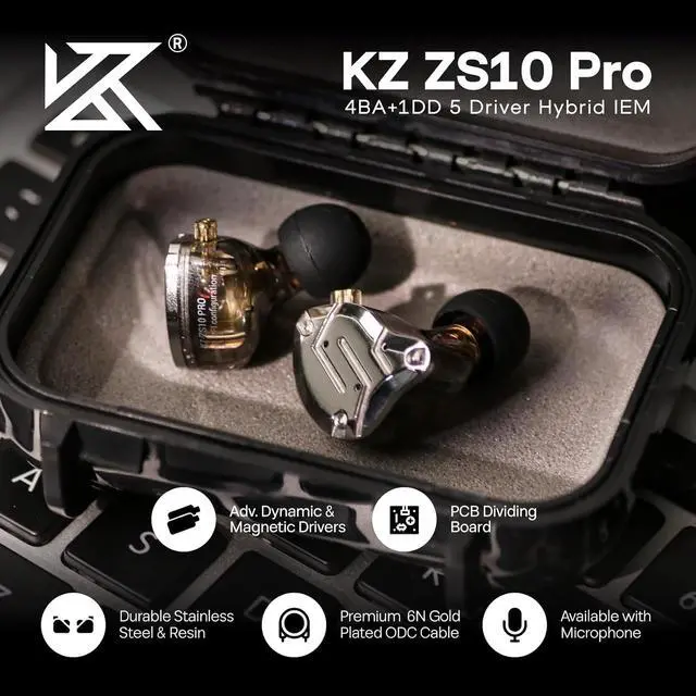 Alt view image 2 of 8 - Linsoul KZ ZS10 Pro, 4BA+1DD 5 Driver in Ear Monitor, HiFi Wired Earbuds, Gaming Earbuds, Hybrid IEM Earphones with Stainless Steel Faceplate, Detachable Cable for Musician(Without Mic, Black)