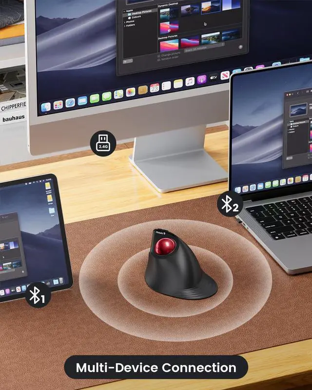 Alt view image 3 of 7 - ProtoArc Vertical Wireless Trackball Mouse, EM05 NL Bluetooth Ergonomic Rollerball Mouse Rechargeable Computer Laptop Thumb Mice, 3 Device Connection, Compatible with iPad, Mac, Windows, PC-Red