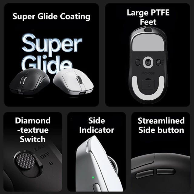 Alt view image 7 of 9 - MCHOSE A7 V2 Pro+ Wireless Gaming Mouse, 59 Grams, Tri-Mode Connection, PAW3395 26K DPI Sensor, Wired 8K Polling Rate, 1K Wireless Receiver Included, Magnetic Charging Dock - White