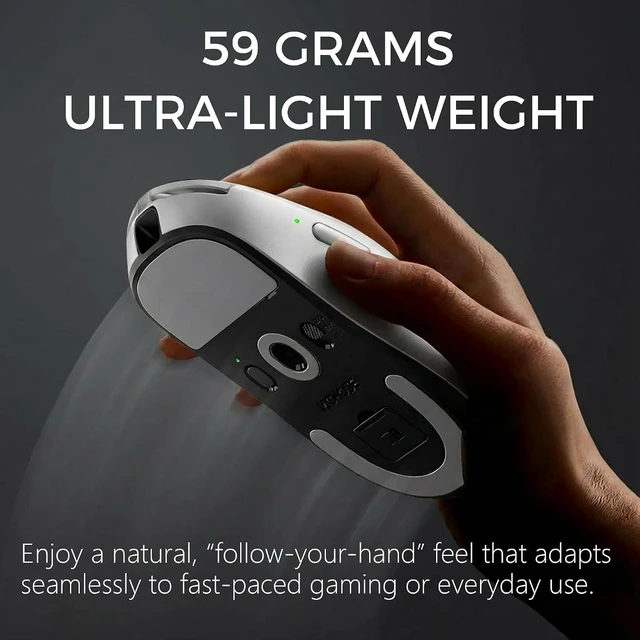 Alt view image 6 of 9 - MCHOSE A7 V2 Pro+ Wireless Gaming Mouse, 59 Grams, Tri-Mode Connection, PAW3395 26K DPI Sensor, Wired 8K Polling Rate, 1K Wireless Receiver Included, Magnetic Charging Dock - White