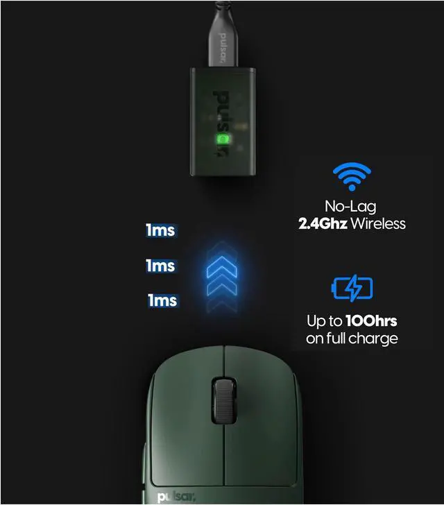 Alt view image 7 of 8 - Pulsar Gaming Gears X2H (High Hump) Founder's Edition Wireless Gaming Mouse, Ultra Lightweight 1.9oz (54g), Symmetrical, 4K Dongle included, 2.4 Ghz, 1 ms Polling Rate, 26k DPI, PAW3395 Sensor, Green