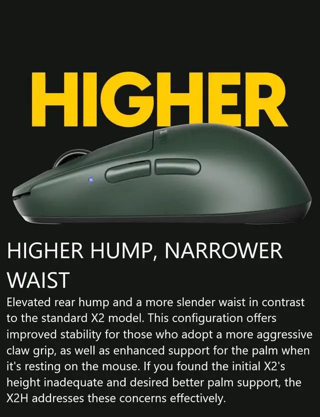 Alt view image 8 of 8 - Pulsar Gaming Gears X2H (High Hump) Founder's Edition Wireless Gaming Mouse, Ultra Lightweight 1.9oz (54g), Symmetrical, 4K Dongle included, 2.4 Ghz, 1 ms Polling Rate, 26k DPI, PAW3395 Sensor, Green