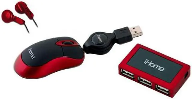 Main image of iHome IH-B936NR Red 3 Buttons 1 x Wheel USB Wired Optical Retractable Netbook Mouse, 4-Port USB 2.0 Hub & Ear Buds w/ Microphone Bundle