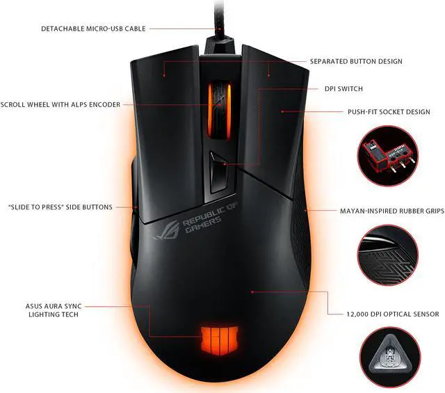 Alt view image 3 of 7 - ASUS ROG Gladius II Origin Call of Duty: Black Ops 4 Edition Wired USB Optical Ergonomic FPS Gaming Mouse featuring Aura Sync RGB, 12000 dpi Optical, 50G Acceleration, 250 IPS sensors and swappable Omron switches