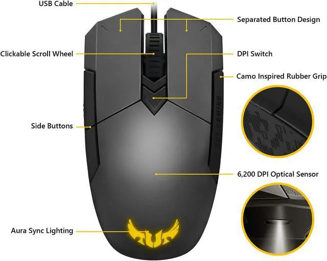 Alt view image 4 of 9 - ASUS TUF Gaming M5 Optical USB RGB Gaming Mouse Featuring a 6200 dpi Optical Sensor, Omron Switches, and Aura Sync RGB Lighting