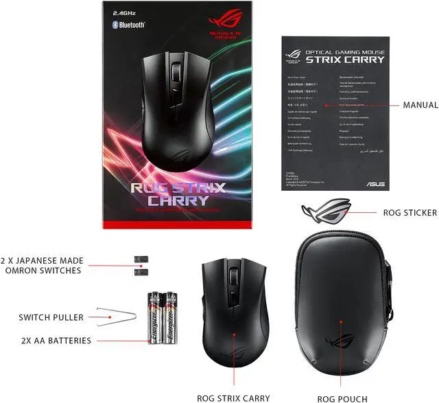 Alt view image 6 of 7 - ASUS ROG Strix Carry Portable Wireless + Bluetooth Ergonomic Optical Gaming Mouse with PixArt 3330 Optical Sensor (7200 dpi / 30g Acceleration / 150 IPS), Swappable Omron Switches