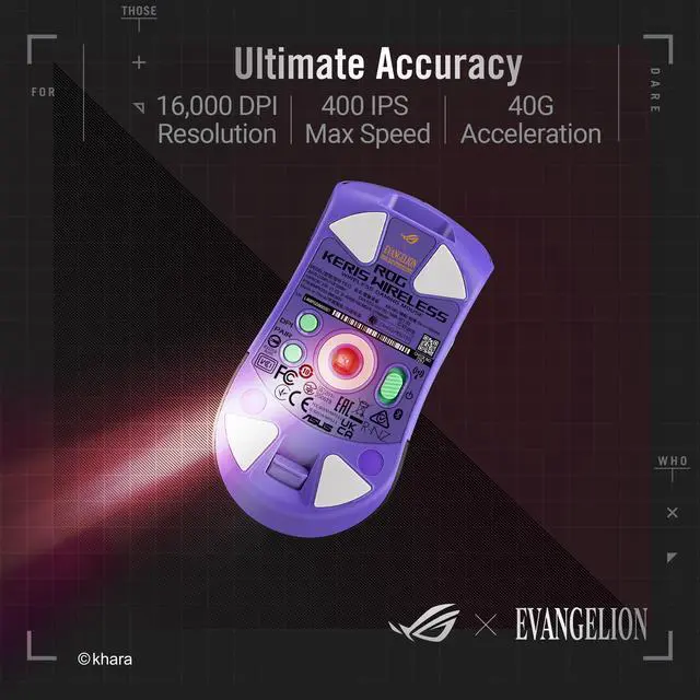 Alt view image 4 of 7 - ASUS ROG Keris Wireless EVA Edition Gaming Mouse, Tri-mode connectivity (2.4GHz RF, Bluetooth, Wired), 16000 DPI Sensor, 7 Programmable Buttons, PBT, Hot-Swappable, Paracord Cable (90MP02S0-BMAA00)