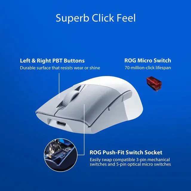 Alt view image 5 of 7 - Asus ROG Keris Wireless AimPoint Gaming Mouse, Tri-mode connectivity (2.4GHz RF, Bluetooth, Wired), 36000 DPI sensor, 5 programmable buttons, ROG SpeedNova, Replaceable switches, Paracord cable, White