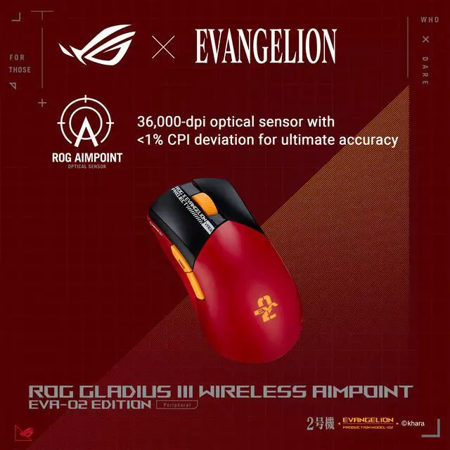 Alt view image 10 of 12 - Asus ROG Gladius III Wireless AimPoint EVA-02 Edition Gaming Mouse, 2.4GHz RF, Bluetooth, Wired, 36K DPI sensor, 6 programmable buttons, ROG SpeedNova, Replaceable switches, Paracord cable, Red