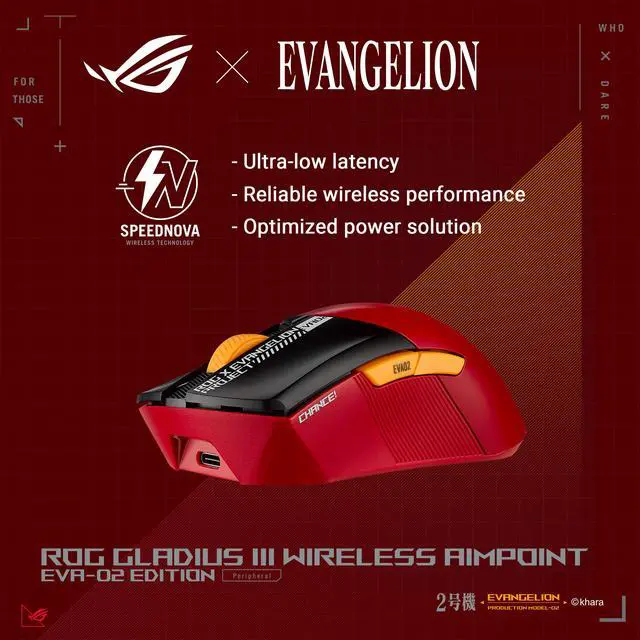 Alt view image 11 of 12 - Asus ROG Gladius III Wireless AimPoint EVA-02 Edition Gaming Mouse, 2.4GHz RF, Bluetooth, Wired, 36K DPI sensor, 6 programmable buttons, ROG SpeedNova, Replaceable switches, Paracord cable, Red