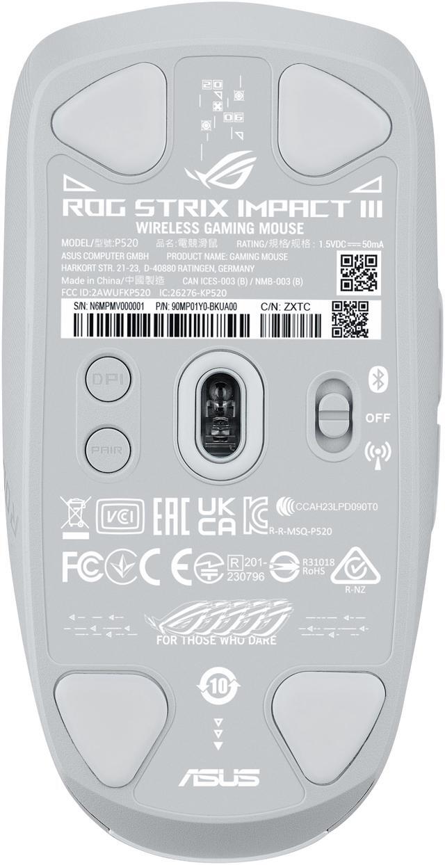Alt view image 5 of 7 - Asus ROG Strix Impact III Wireless Gaming Mouse - 57g Lightweight, 36K DPI, Bluetooth & 2.4GHz, Up to 618hrs Battery Life, Replaceable Switches - White