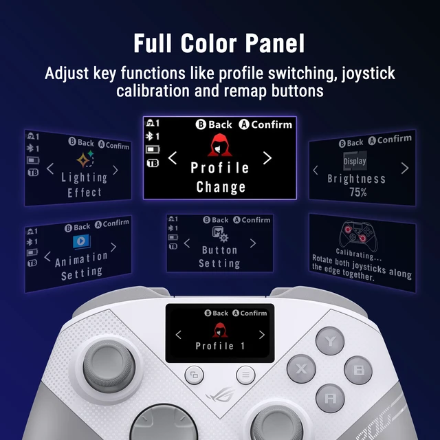 Alt view image 2 of 13 - ASUS ROG Raikiri II Pro PC Controller, Wired/2.4GHz/Bluetooth, 8K Polling Rate, Hot-Swappable TMR Joysticks, Full-Color Panel, Dual-Mode Triggers, Micro-Switch Buttons, White