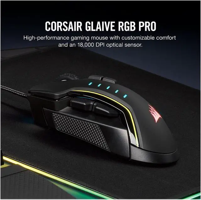 Alt view image 2 of 8 - CORSAIR GLAIVE RGB PRO Comfort FPS/MOBA Gaming Mouse with Interchangeable Grips, Black, Backlit RGB LED, 18000 dpi, Optical