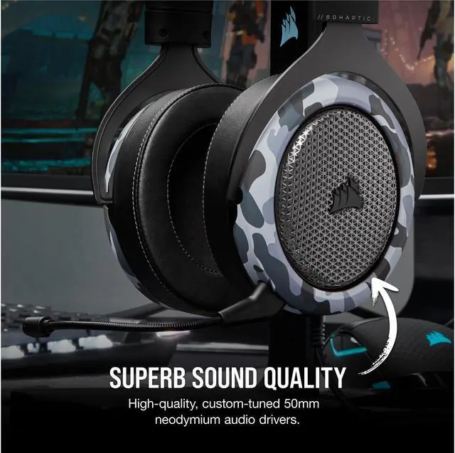 Alt view image 15 of 19 - Corsair HS60 Haptic Stereo Gaming Headset with Haptic Bass, Memory Foam Earcups, Removable Microphone, Windows Sonic Compatible, Discord-Certified for PC - Arctic Camo