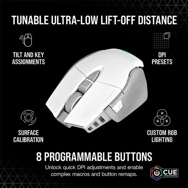 Alt view image 7 of 8 - CORSAIR M65 RGB ULTRA WIRELESS Gaming Mouse, Backlit RGB LED, Optical, Tunable FPS, White (CH-9319511-NA2)