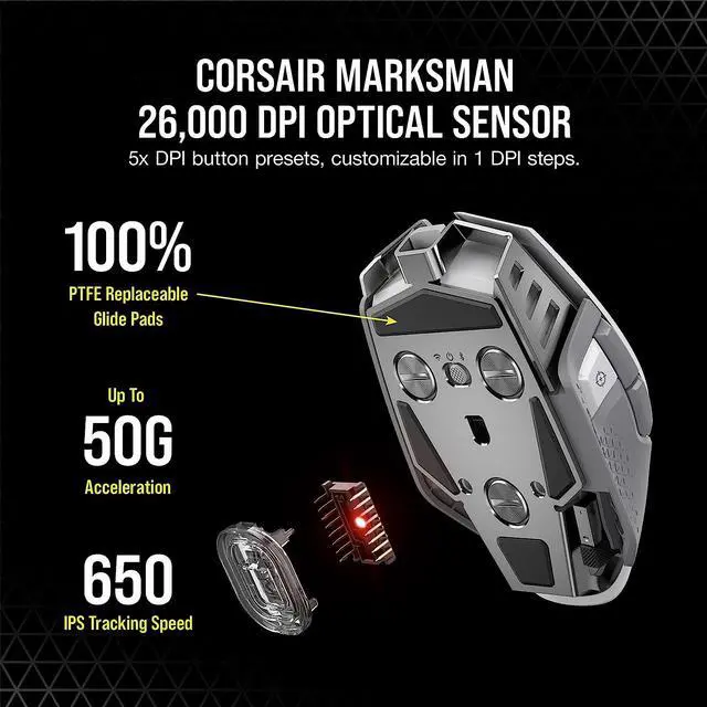Alt view image 4 of 8 - CORSAIR M65 RGB ULTRA WIRELESS Gaming Mouse, Backlit RGB LED, Optical, Tunable FPS, White (CH-9319511-NA2)