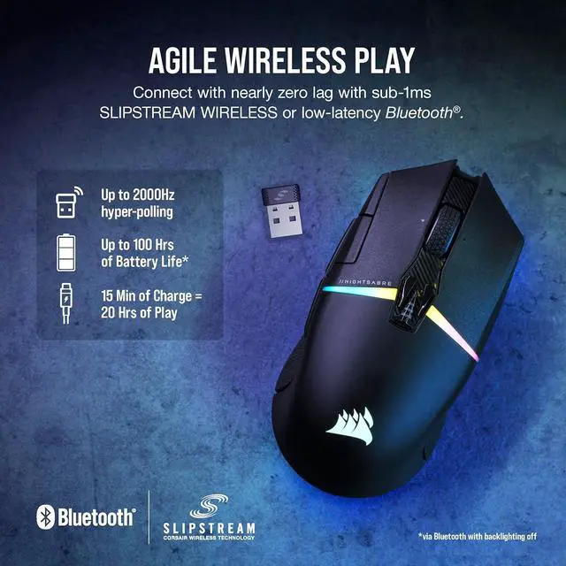Alt view image 6 of 8 - Corsair NIGHTSABRE WIRELESS RGB Gaming Mouse, hyper-fast sub-1ms SLIPSTREAM WIRELESS, 26k DPI Optical Sensor, 11 fully programmable buttons, Six-zone RGB backlighting, Black