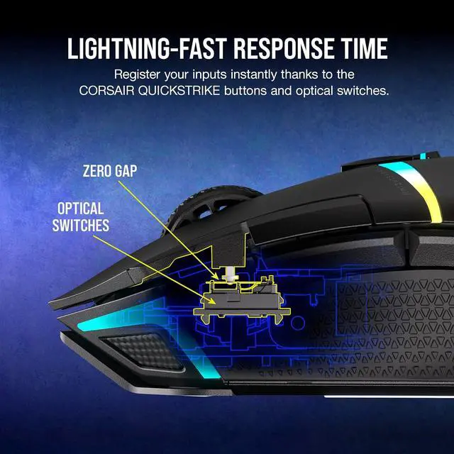 Alt view image 5 of 8 - Corsair NIGHTSABRE WIRELESS RGB Gaming Mouse, hyper-fast sub-1ms SLIPSTREAM WIRELESS, 26k DPI Optical Sensor, 11 fully programmable buttons, Six-zone RGB backlighting, Black
