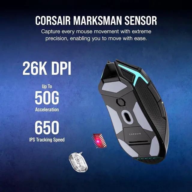 Alt view image 4 of 8 - Corsair NIGHTSABRE WIRELESS RGB Gaming Mouse, hyper-fast sub-1ms SLIPSTREAM WIRELESS, 26k DPI Optical Sensor, 11 fully programmable buttons, Six-zone RGB backlighting, Black