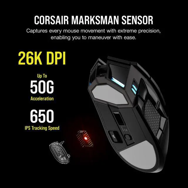 Alt view image 6 of 19 - Corsair DARKSTAR RGB Wireless Gaming Mouse for MMO, MOBA - 26,000 DPI - 15 Programmable Buttons - Up to 80hrs Battery - iCUE Compatible - Black