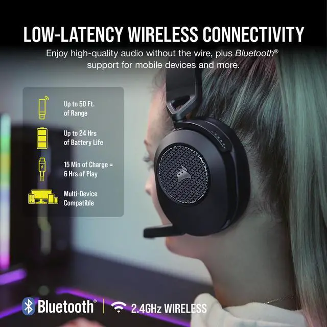 Alt view image 2 of 13 - Corsair HS65 WIRELESS Gaming Headset, low-latency 2.4GHz wireless audio, Bluetooth®, and Dolby® Audio 7.1 surround sound on PC and Mac with lightweight construction, Carbon