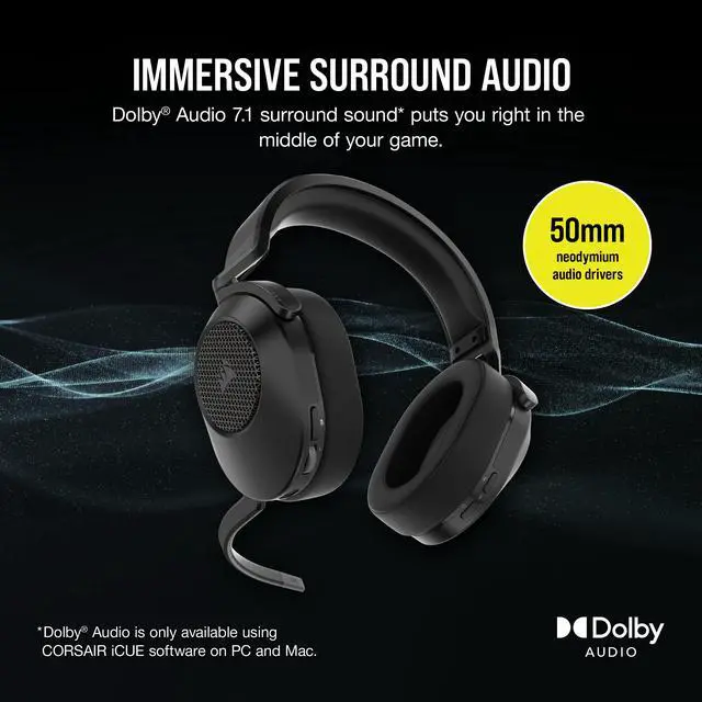 Alt view image 4 of 13 - Corsair HS65 WIRELESS Gaming Headset, low-latency 2.4GHz wireless audio, Bluetooth®, and Dolby® Audio 7.1 surround sound on PC and Mac with lightweight construction, Carbon