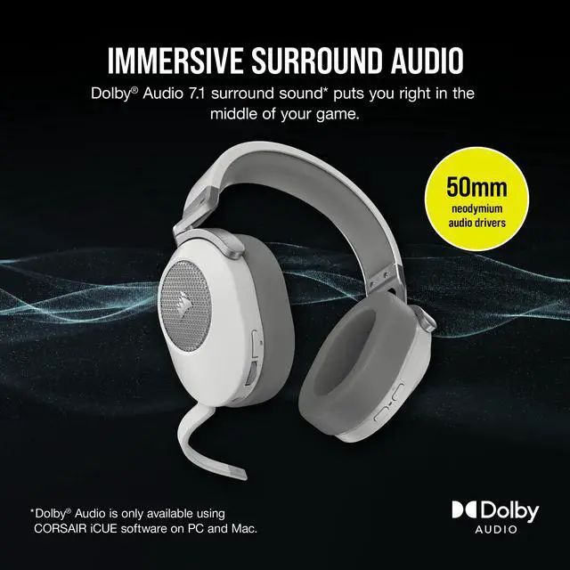 Alt view image 10 of 13 - Corsair HS65 WIRELESS Gaming Headset, low-latency 2.4GHz wireless audio, Bluetooth®, and Dolby® Audio 7.1 surround sound on PC and Mac with lightweight construction, White
