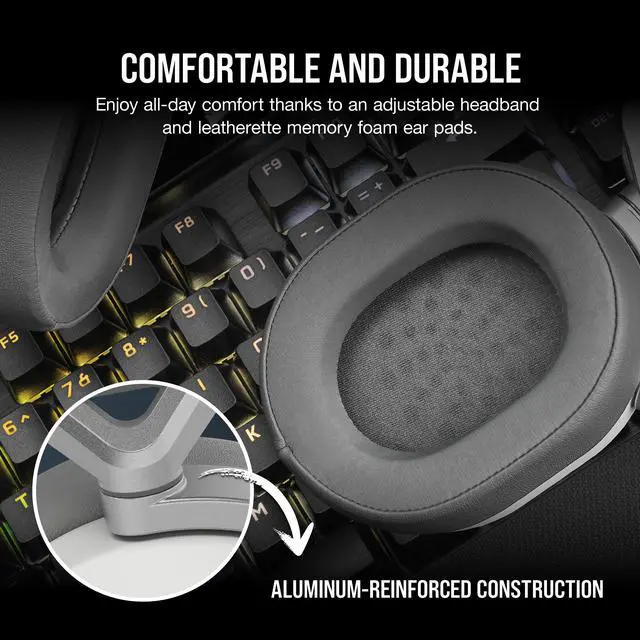 Alt view image 12 of 13 - Corsair HS65 WIRELESS Gaming Headset, low-latency 2.4GHz wireless audio, Bluetooth®, and Dolby® Audio 7.1 surround sound on PC and Mac with lightweight construction, White