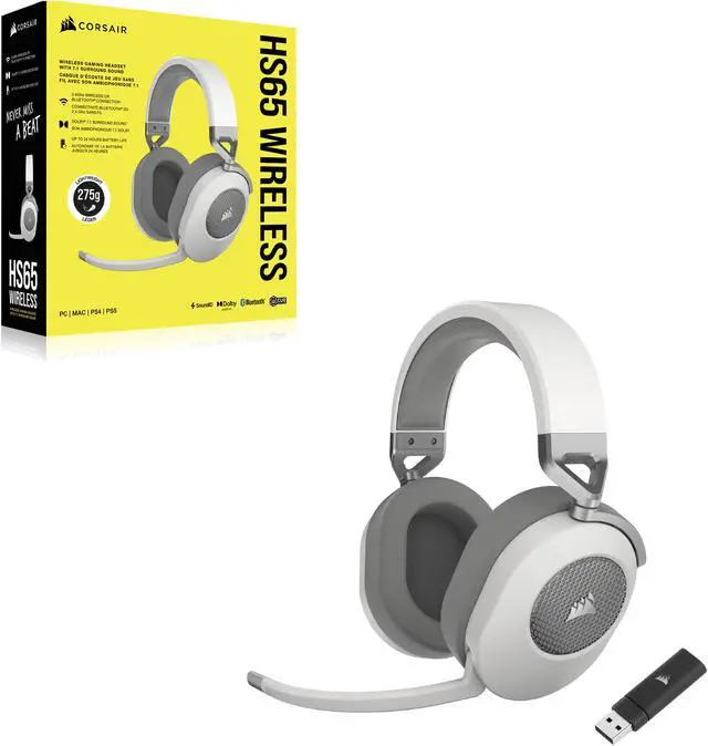 Alt view image 7 of 13 - Corsair HS65 WIRELESS Gaming Headset, low-latency 2.4GHz wireless audio, Bluetooth®, and Dolby® Audio 7.1 surround sound on PC and Mac with lightweight construction, White