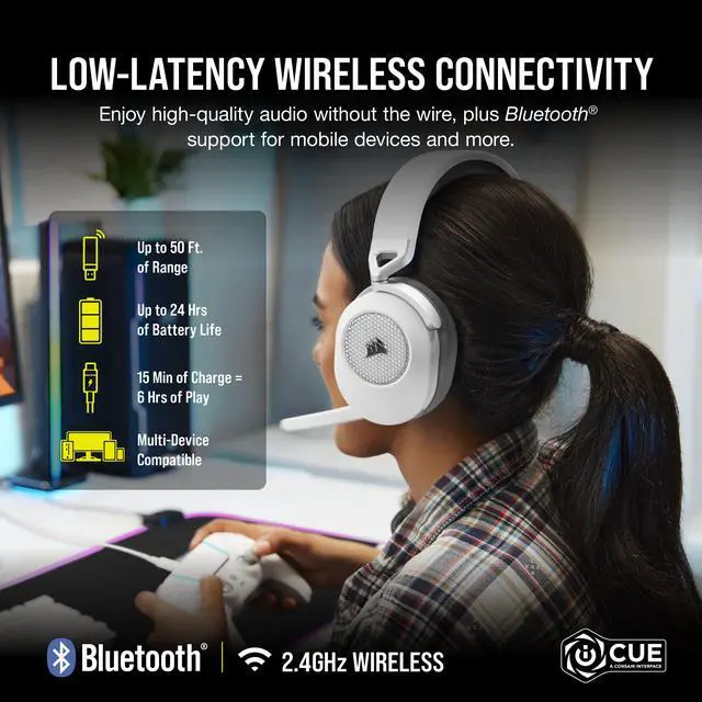 Alt view image 8 of 13 - Corsair HS65 WIRELESS Gaming Headset, low-latency 2.4GHz wireless audio, Bluetooth®, and Dolby® Audio 7.1 surround sound on PC and Mac with lightweight construction, White