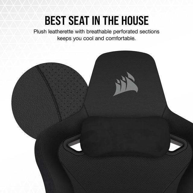Corsair TC200 Gaming Chair - Plush Leatherette - Black/Black - Leatherette,  Steel, Memory Foam