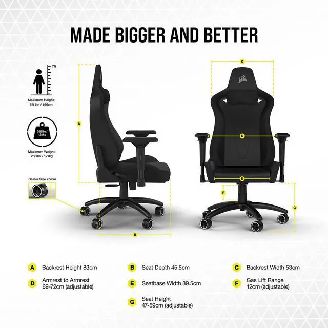 Alt view image 5 of 8 - Corsair TC200 Gaming Chair - Plush Leatherette - Black/Black - Leatherette, Steel, Memory Foam