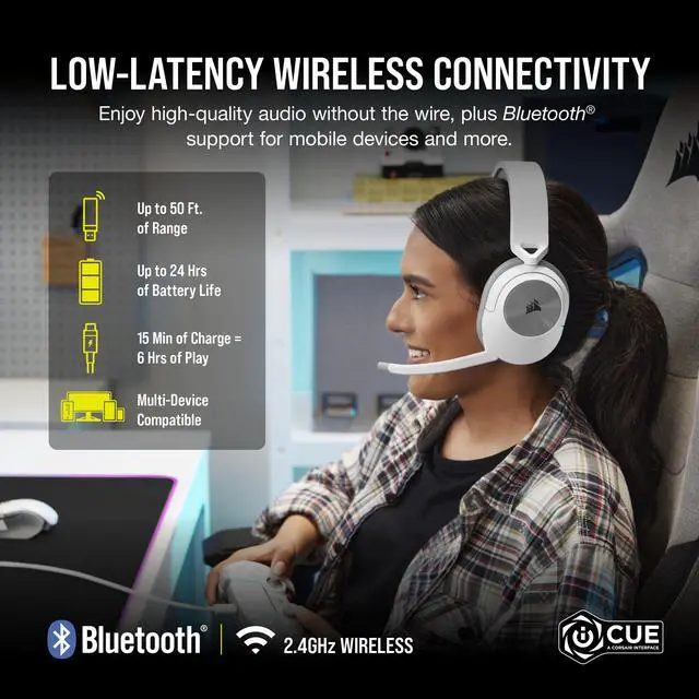Alt view image 3 of 12 - CORSAIR HS55 WIRELESS Gaming Headset, Lightweight, Bluetooth - Dolby 7.1 Surround Sound - iCUE Compatible - PC, MAC, PlayStation, Mobile - White
